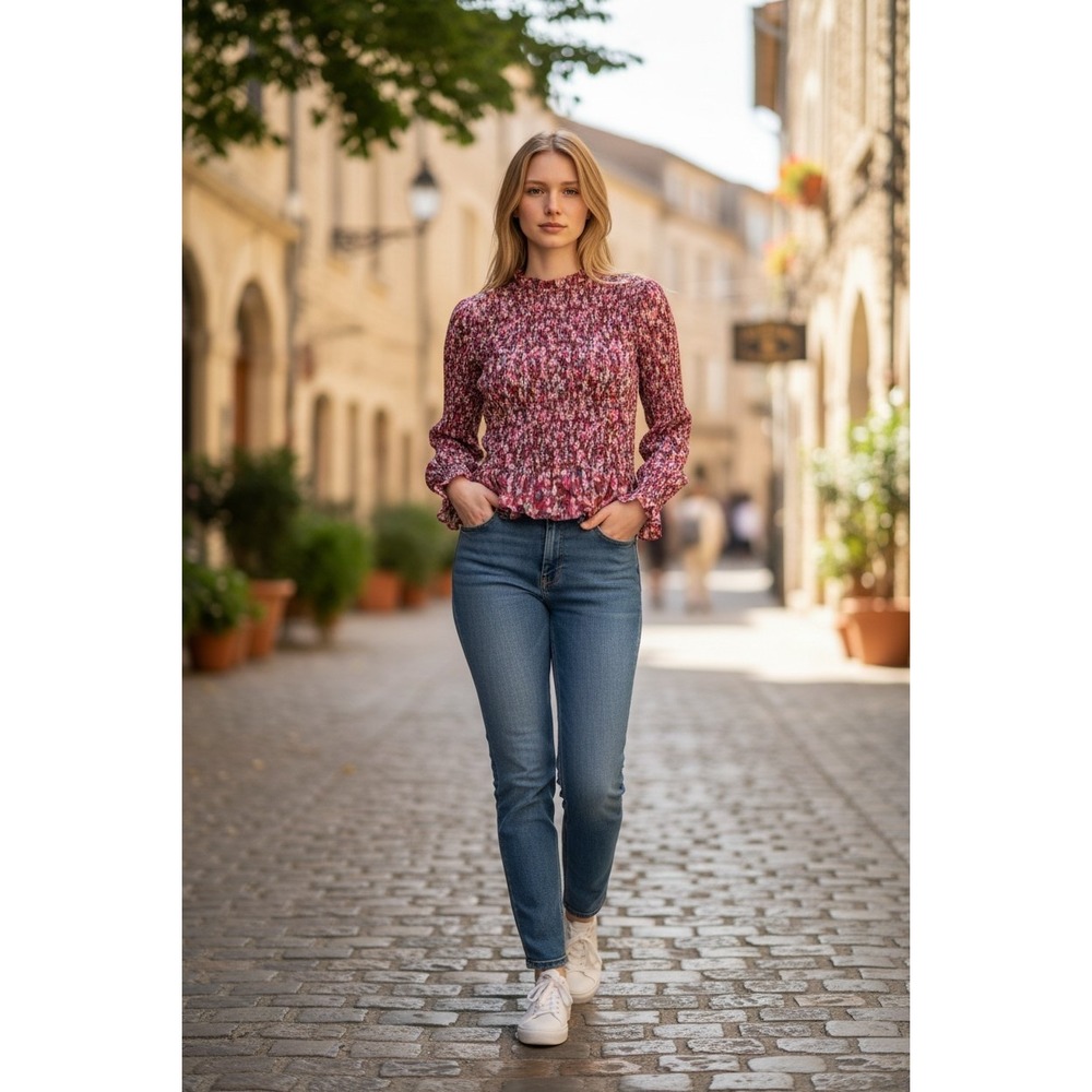 Merlette Smocked Peplum Top Burgundy Pink Abstract Floral Mock‎ Neck Blouse